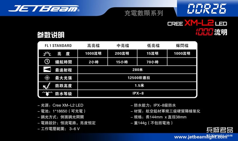 JETBeam 捷特明DDR26 XM_L2户外强光充电战术防身手电 远射手电筒