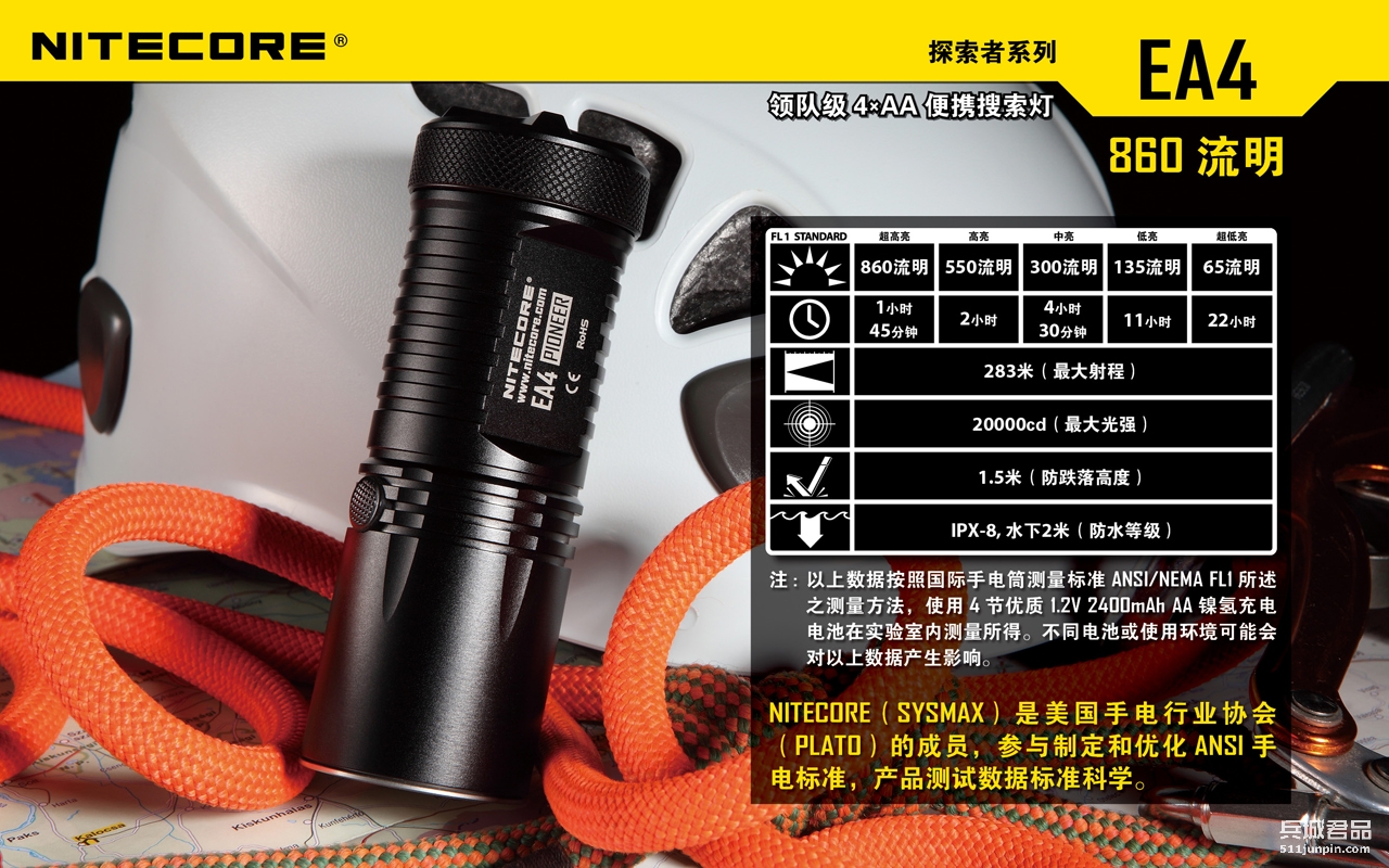 NITECORE奈特科尔EA4强光迷你徒步手电筒家用户外防水5号电池