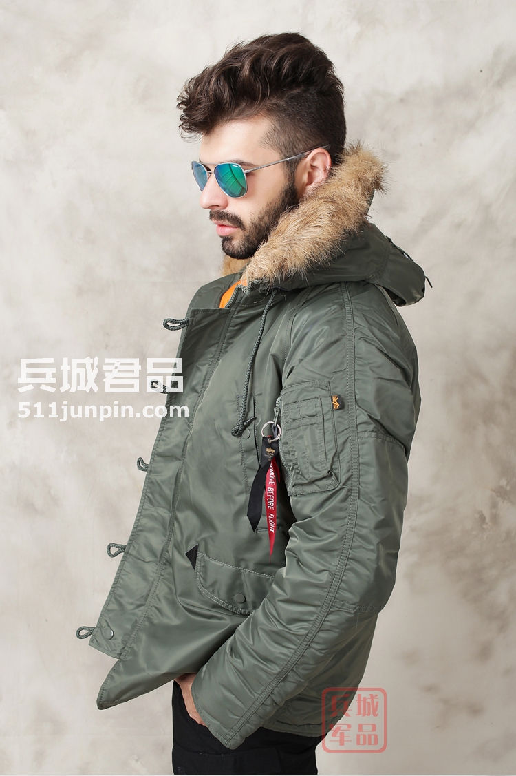 美国正品Alpha阿尔法 N3B 假毛瘦身版 缎面 男式棉服防寒风衣
