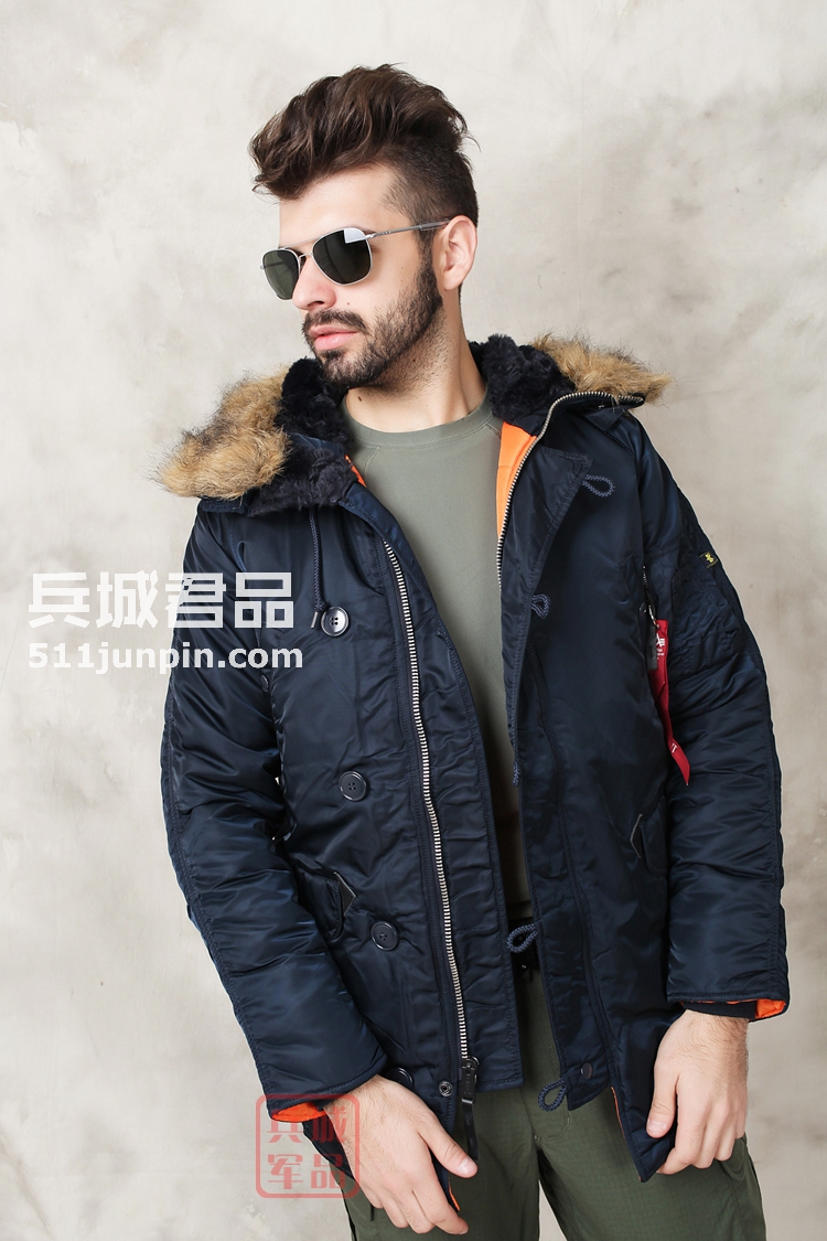 美国正品Alpha阿尔法 N3B 假毛瘦身版 缎面 男式棉服防寒风衣