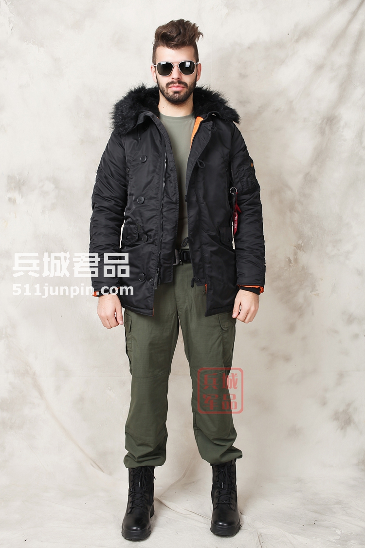 美国正品Alpha阿尔法 N3B 假毛瘦身版 缎面 男式棉服防寒风衣