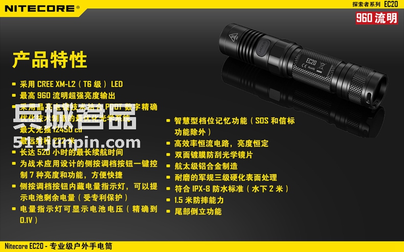 NITECORE奈特科尔EC20 960流明强光充电手电筒包邮 户外远射防水