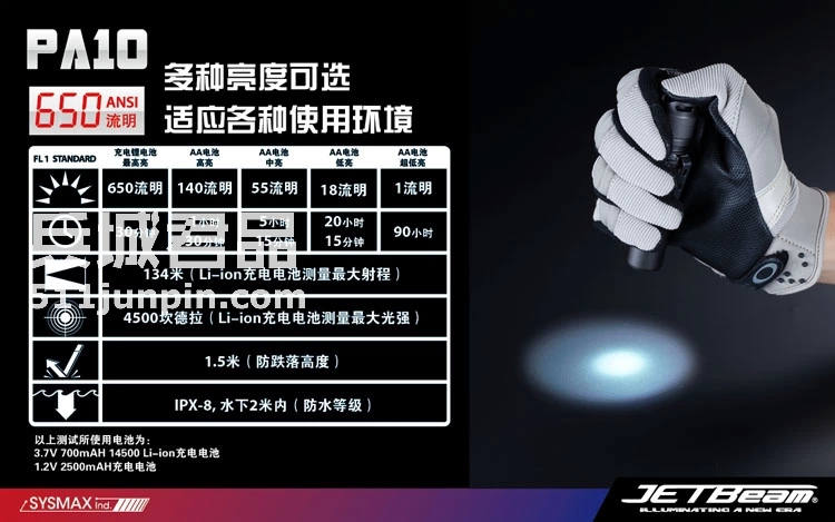 捷特明JETBeam 强光手电筒M-PA10PA10 XM-L T6 650流明战术手电