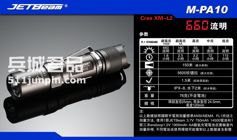 捷特明JETBeam 强光手电筒M-PA10PA10 XM-L T6 650流明战术手电