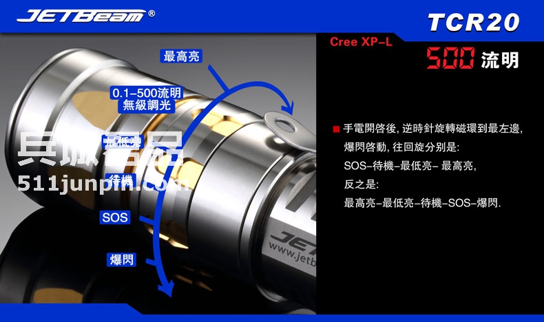 JETBeam捷特明 TCR20 钛合金手电 500流明 强光手电 户外手电筒