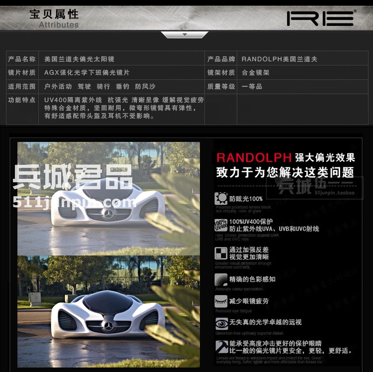 正品美国 RANDOLPH蓝道夫 飞行员系列眼镜 直臂偏光镜 太阳镜