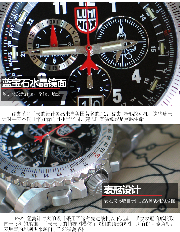 正品Luminox雷美诺时F-22猛禽战机飞行员全钛计时夜光军表9241.M